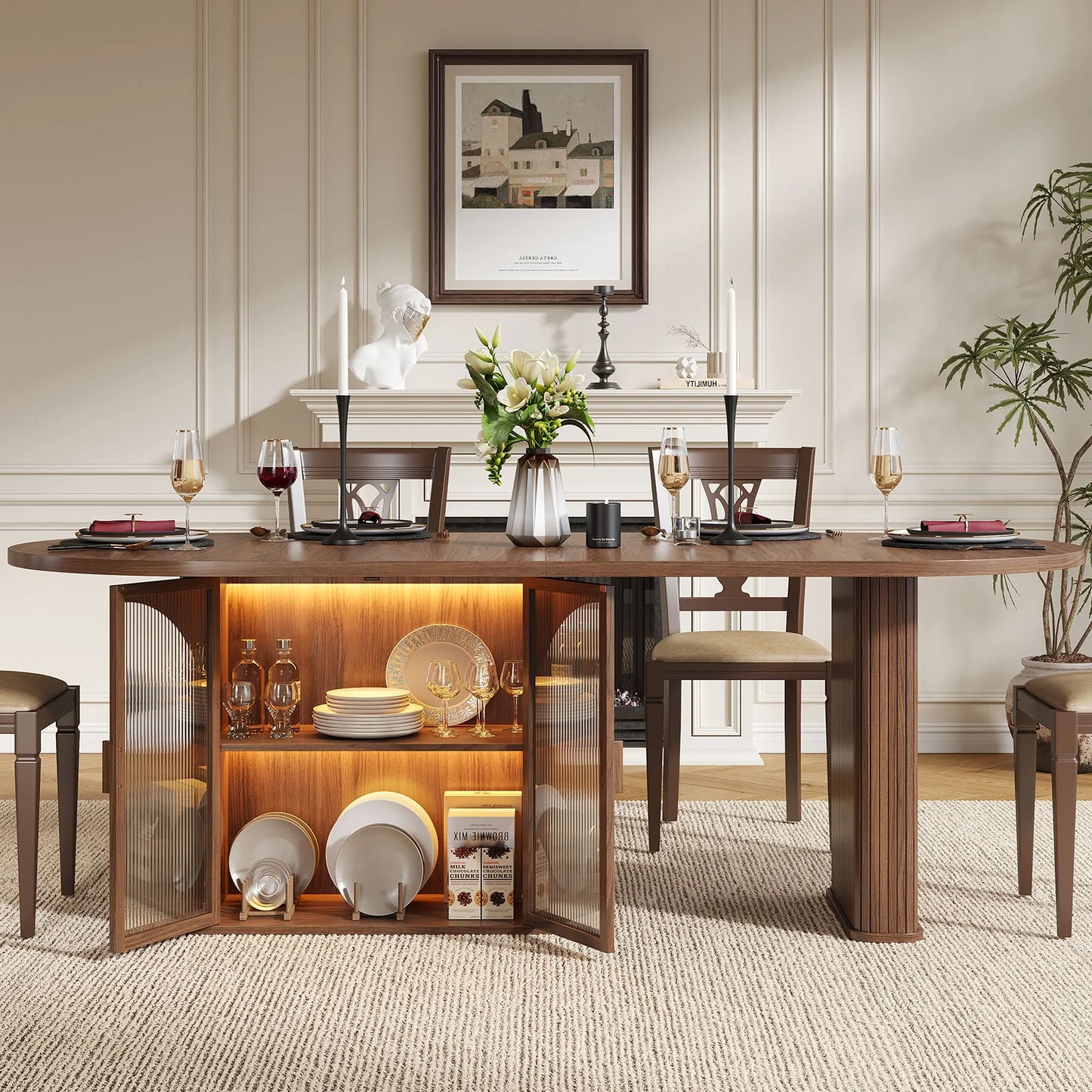 70" Walnut Oval Dining Table with Storage