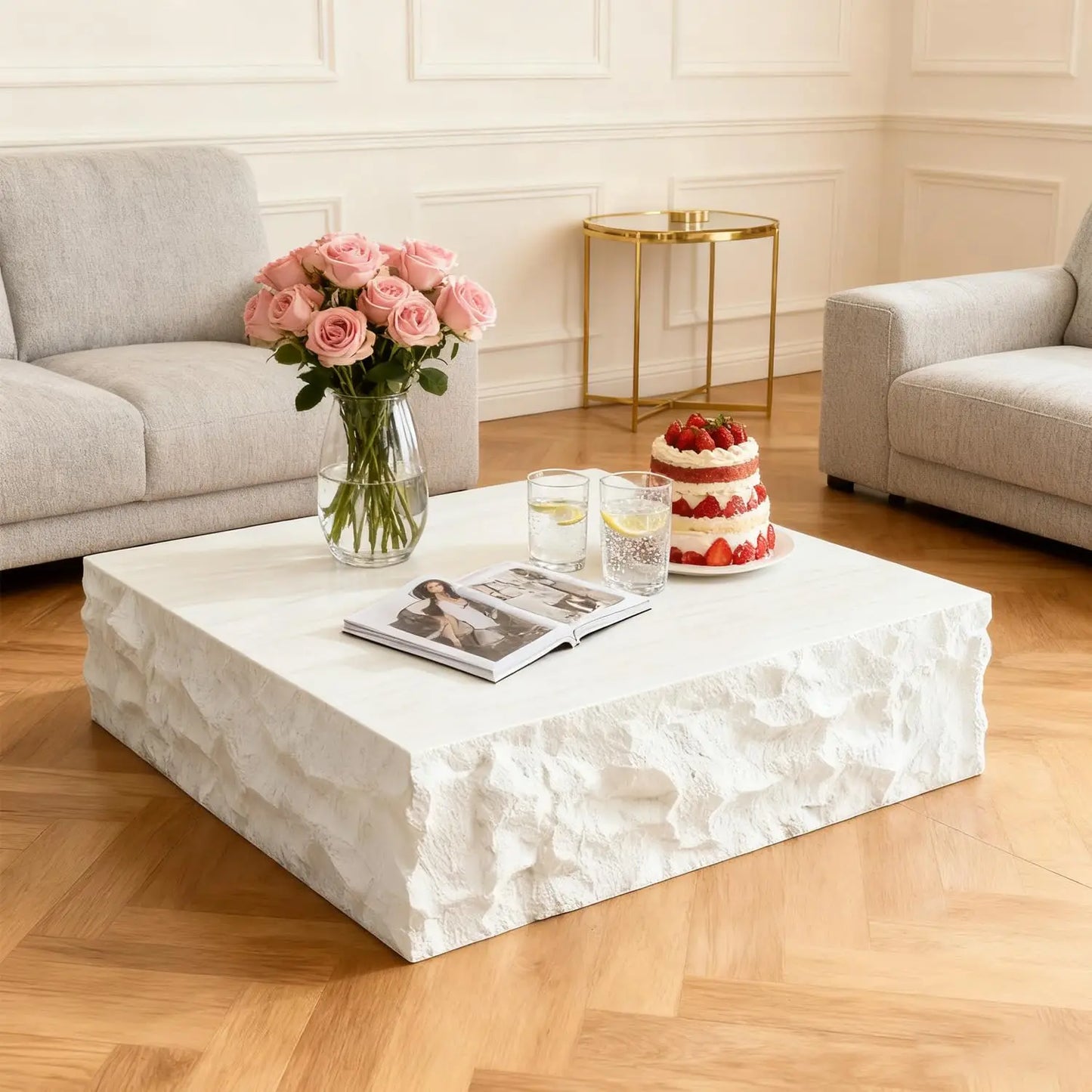 Modern Round Pedestal Coffee Table – Faux Marble Finish