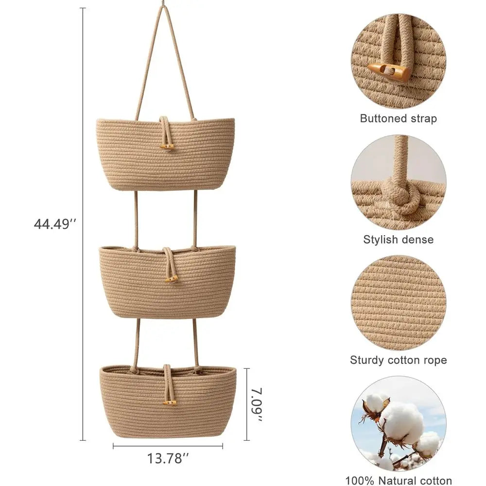 3-Tier Cotton Rope Baskets with Button Strap - Over Door Wall Hanging Organizer for Nursery, Living Room, Bathroom Storage & Dec