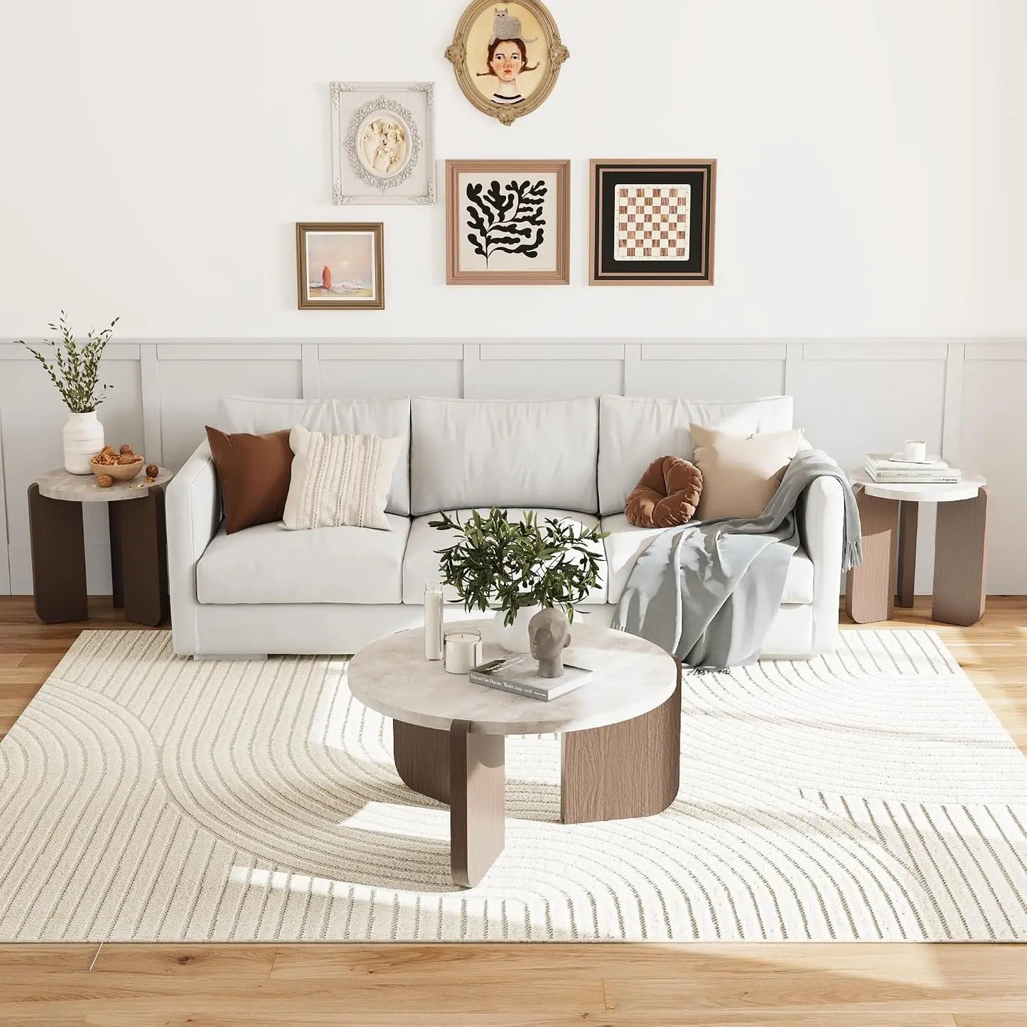 Modern Round Coffee Table Set with Matching Side Table – Faux Marble Top & Walnut Finish