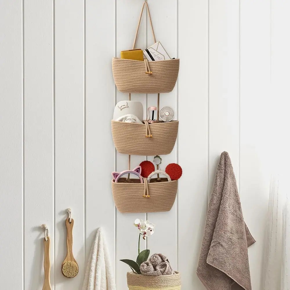 3-Tier Cotton Rope Baskets with Button Strap - Over Door Wall Hanging Organizer for Nursery, Living Room, Bathroom Storage & Dec