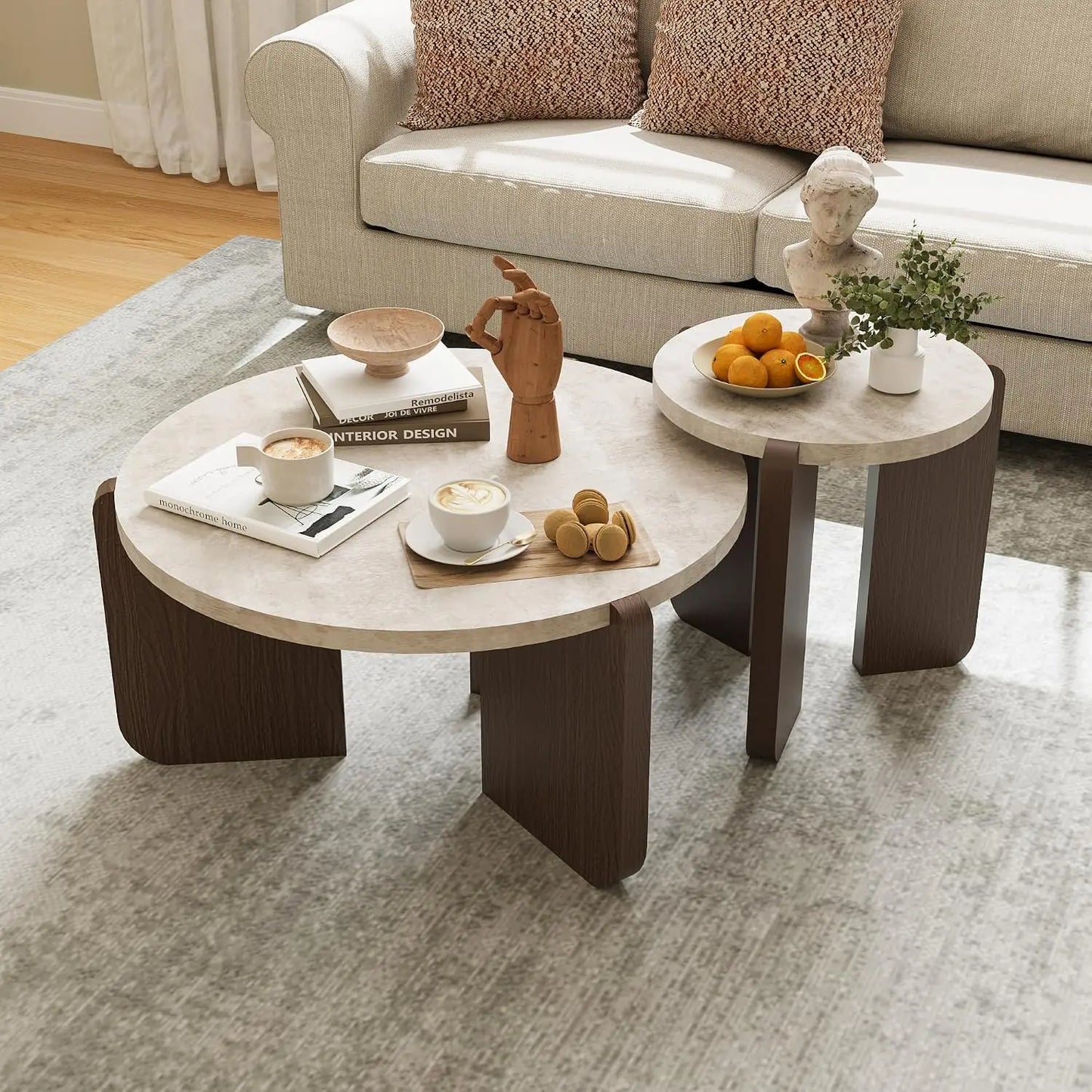 Modern Round Coffee Table Set with Matching Side Table – Faux Marble Top & Walnut Finish