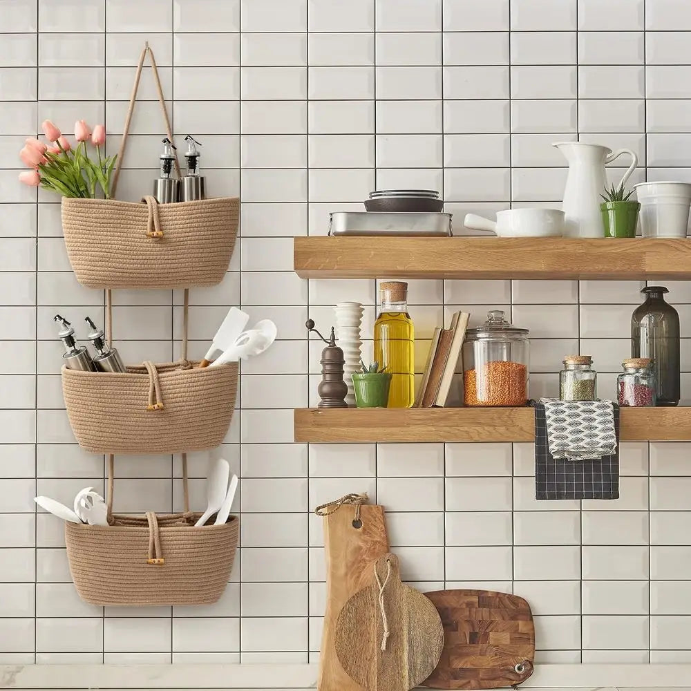 3-Tier Cotton Rope Baskets with Button Strap - Over Door Wall Hanging Organizer for Nursery, Living Room, Bathroom Storage & Dec