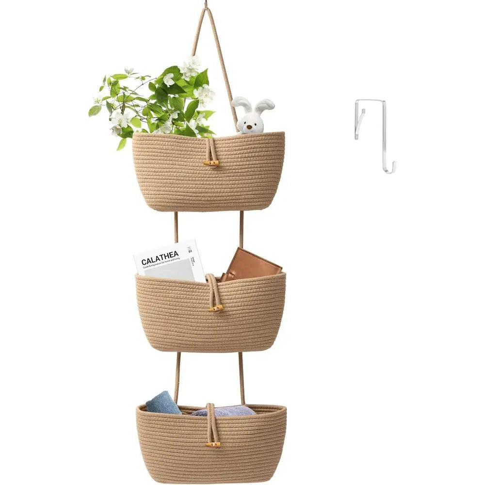 3-Tier Cotton Rope Baskets with Button Strap - Over Door Wall Hanging Organizer for Nursery, Living Room, Bathroom Storage & Dec
